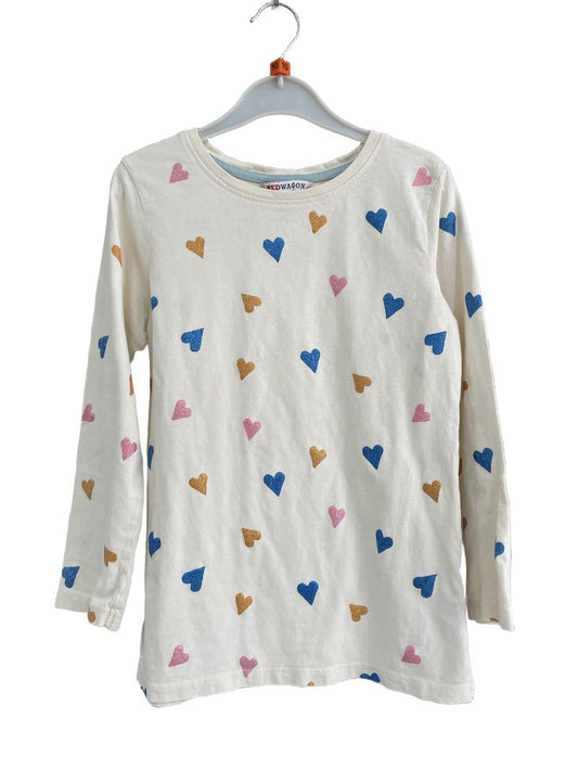Preloved Red Wagon - Cream Sparkle Heart Print Long-sleeved Shirt (10-11y)