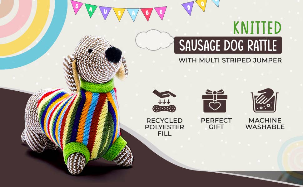 Sausage Dog Baby Rattle with Rainbow Stripe Jumper Knitted