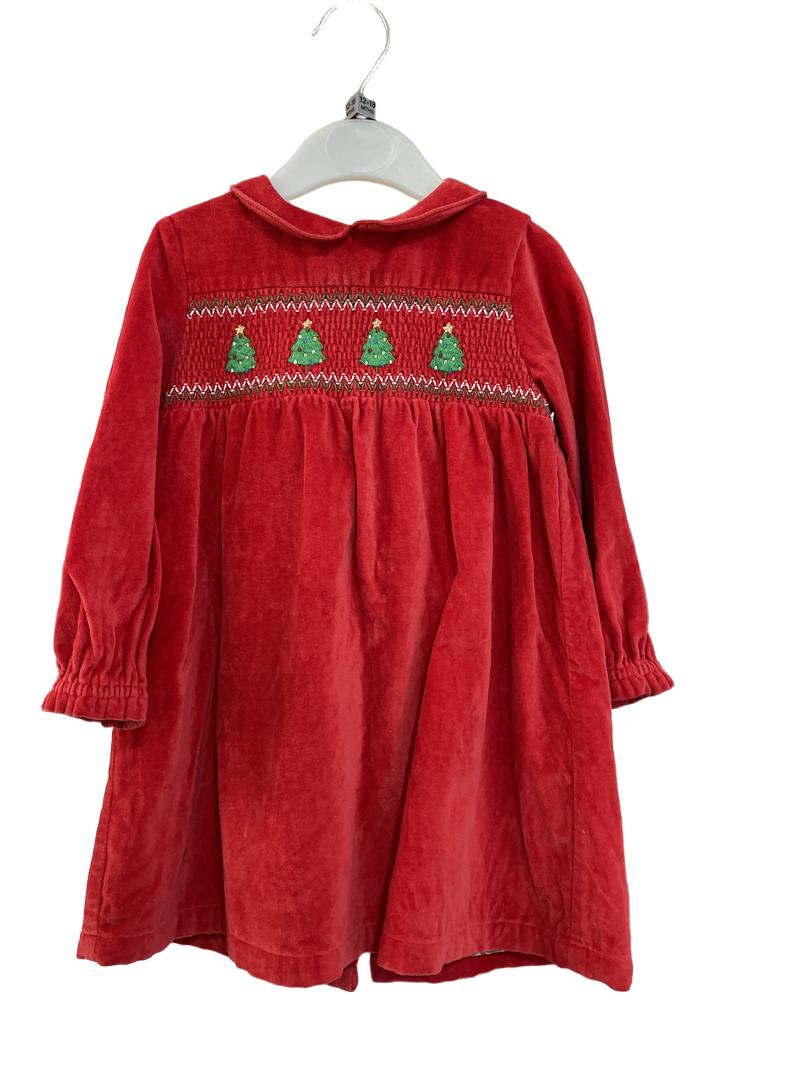 Preloved Mini Boden - Dress - Red Velour Velvet Smocked Christmas Tree Dress (12-18m)