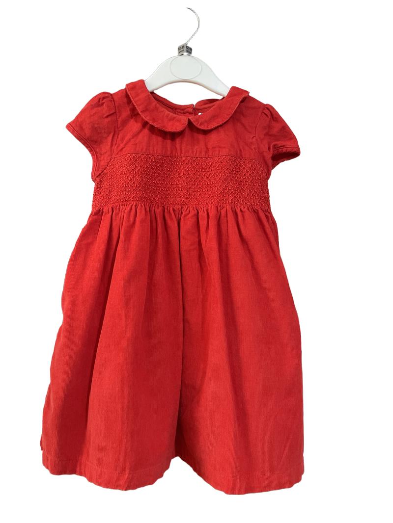 Preloved Marks & Spencer - Dress - Red Corduroy Smocked Dress With SS, Collar, And Lining (12-18m)