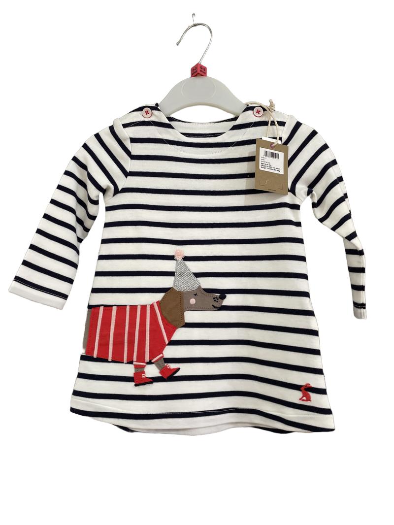 Preloved Joules - Dress - Navy White Stripe Long-sleeved Dress With Party Dog Applique, NEW With Tags (0-3m)