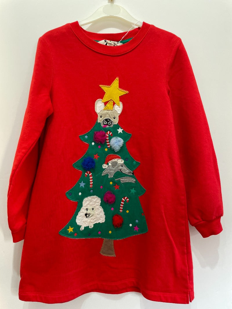 Preloved Mini Boden - Top - Red Christmas Tree Dogs Applique With Pom Poms (7-8y)