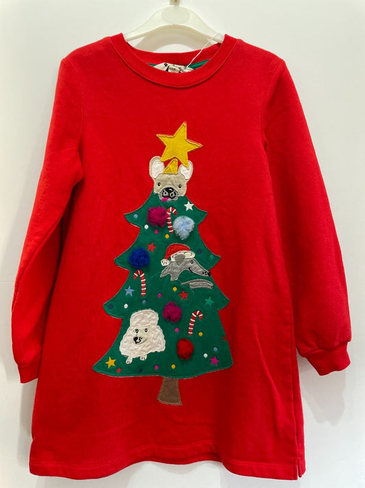 Preloved Mini Boden - Top - Red Christmas Tree Dogs Applique With Pom Poms (7-8y)