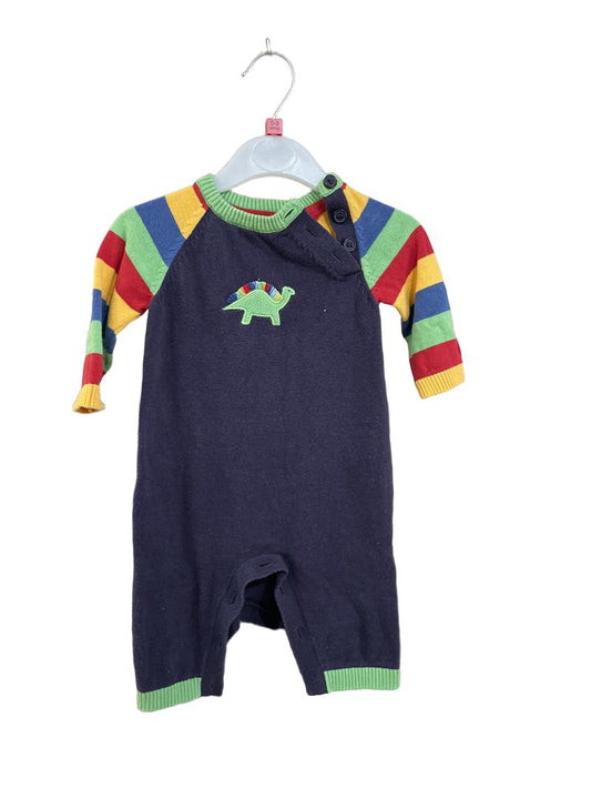 Preloved Mothercare - Onesie - Navy Knit Romper Onesie With Striped Sleeves, Dinosaur Applique, And Button Shoulder (0-3m)