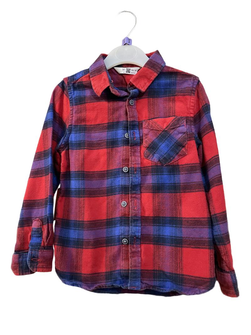 Preloved Marks & Spencer - Top - Red Blue Black Check Plaid Long-sleeved Button Down Collar Shirt (3-4y)