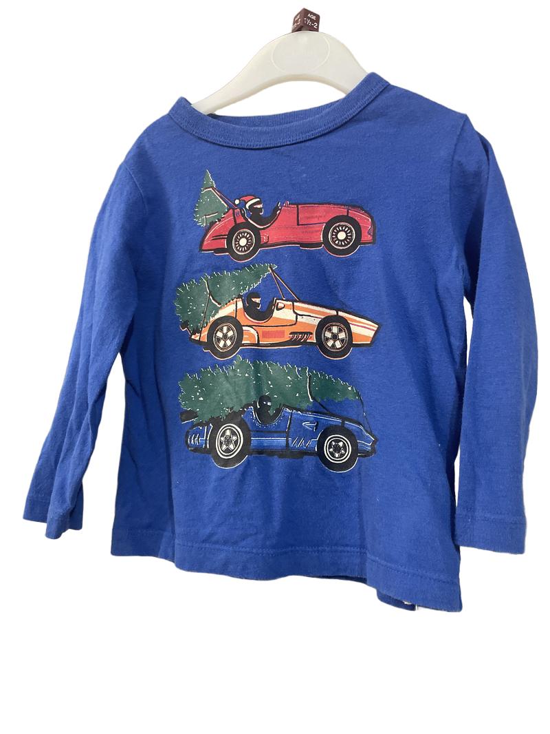 Preloved Gap - Top - Blue Long-sleeved Shirt With Racecars And Christmas Trees (1.5-2y)