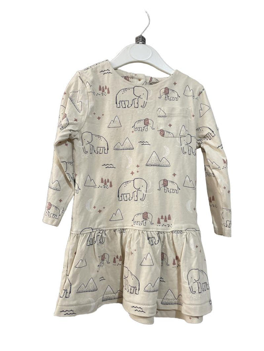 Preloved John Lewis - Dress - Cream With Elephant And Mountain Print Jersey Long-sleeved Dress (12-18m)